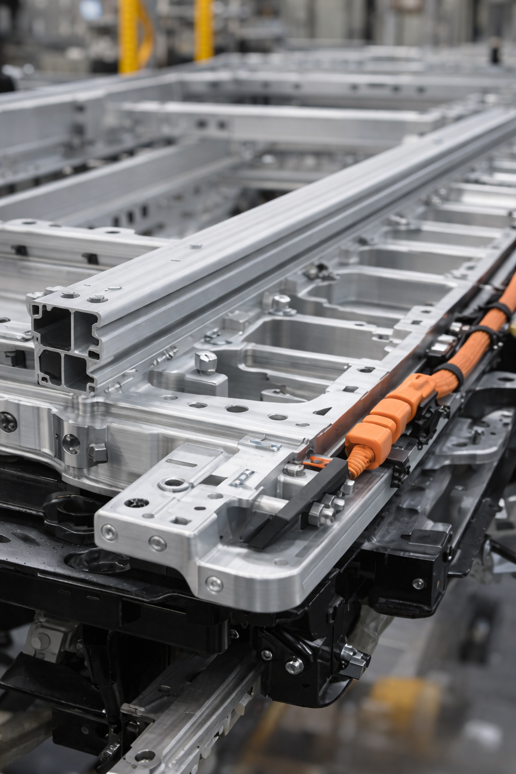 Extruded aluminum EV battery tray on an assembly line